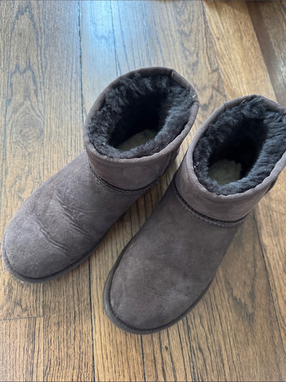 UGG Short Shearling-Lined Slip-On Slippers — Dark Brown